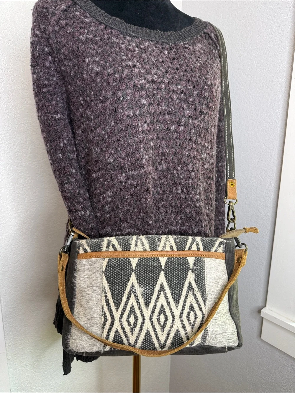 Myra Bag Tedious Upcycled Canvas & Cowhide Small Crossbody Bag Western Boho